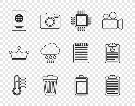Set line Thermometer, Clipboard with document, Processor CPU, Trash can 库存插图