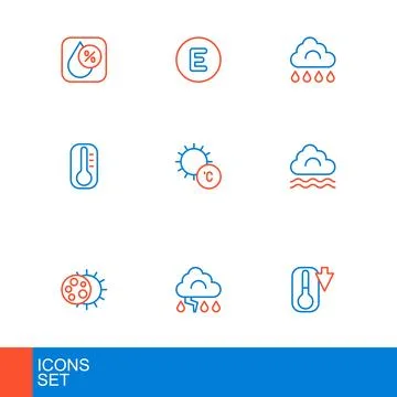 Set line Thermometer, Cloud and lightning, Eclipse of the sun, Fog cloud, S.. 스톡 일러스트