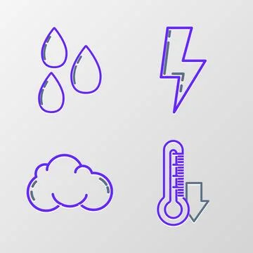 Set line Thermometer, Cloud, Lightning bolt and Water drop icon. Vector Stockillustratie