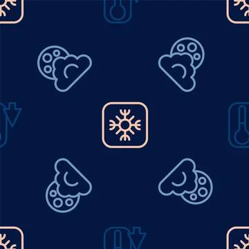 Set line Thermometer, Cloud with moon and Snowflake on seamless pattern. Vector Illustrazione stock