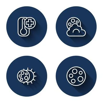 Set line Thermometer, Cloud with moon, Eclipse of the sun and Moon with long  Ilustração Stock