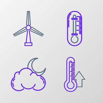 Set line Thermometer, Cloud with moon and stars, and Wind turbine icon. Vector Stock Illustration