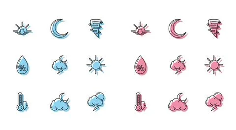 Set line Thermometer, Cloud with moon and stars, Sunset, Storm, Water drop .. Stock Illustration
