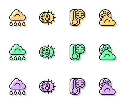 Set line Thermometer, Cloud with rain, Eclipse of the sun and moon icon. Vector Illustrazione stock