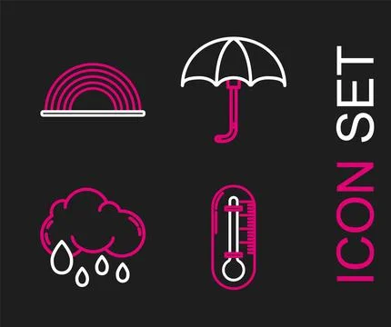 Set line Thermometer, Cloud with rain, Classic elegant opened umbrella and Stock Illustration