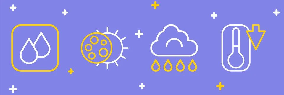Set line Thermometer, Cloud with rain, Eclipse of the sun and Water drop ic.. Ilustração Stock