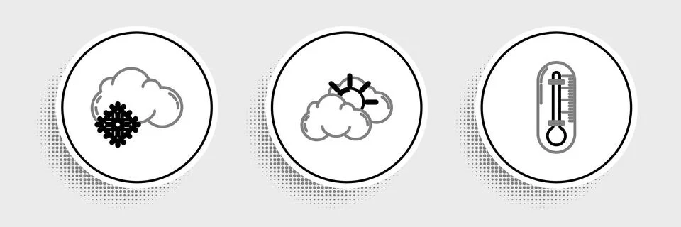 Set line Thermometer, Cloud with snow and Sun and cloud weather icon. Vector Stock Illustration
