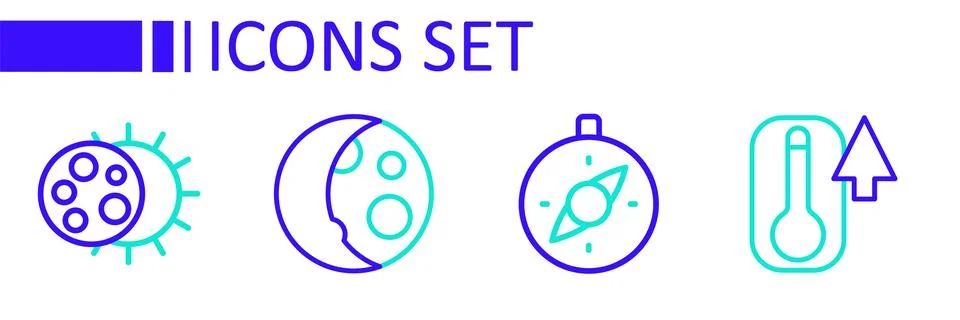Set line Thermometer, Compass, Moon phases and Eclipse of the sun icon. Vecto Stockillustratie