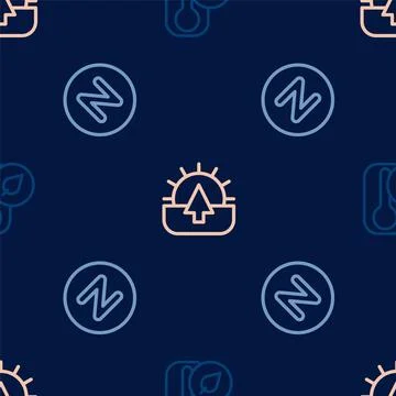 Set line Thermometer, Compass north and Sunrise on seamless pattern. Vector Illustrazione stock