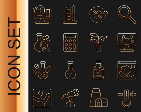 Set line Thermometer, Data visualisation, Genetic engineering, Atom, Calculator Stock Illustration