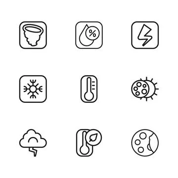 Set line Thermometer, Eclipse of the sun, Moon phases, Lightning bolt, Torn.. Ilustração Stock