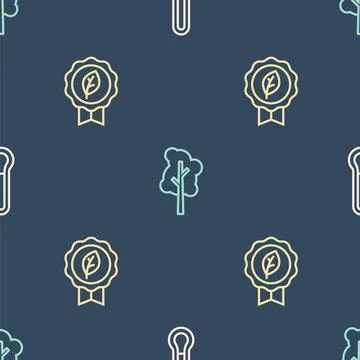 Set line Thermometer, Leaf Eco symbol and Tree on seamless pattern. Vector Illustrazione stock