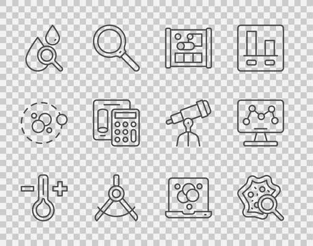 Set line Thermometer, Microorganisms under magnifier, Graphing paper for Stock Illustration