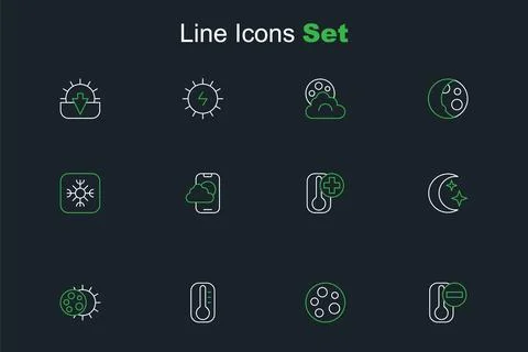 Set line Thermometer, Moon, Eclipse of the sun, and stars, Weather forecast.. Illustrazione stock