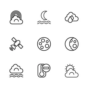 Set line Thermometer, Moon phases, Sun and cloud weather, Cloud with rain, .. Stock Illustration