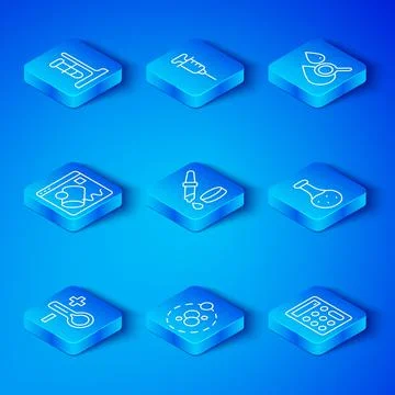Set line Thermometer, Pipette, Atom, Test tube, Drop and magnifying glass, Data Stock Illustration