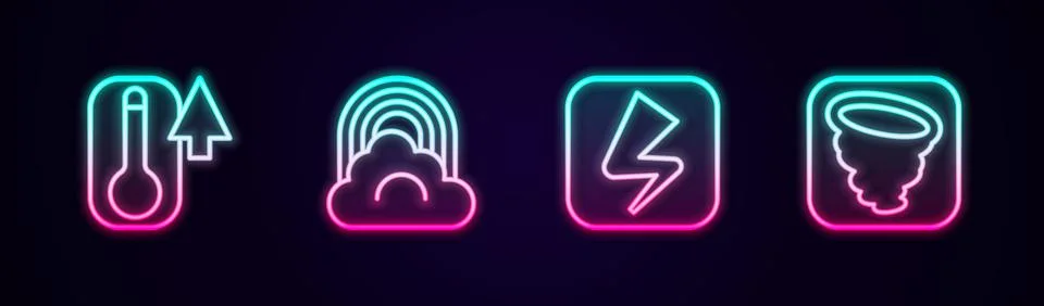 Set line Thermometer, Rainbow with cloud, Lightning bolt and Tornado. Glowing Stock Illustration