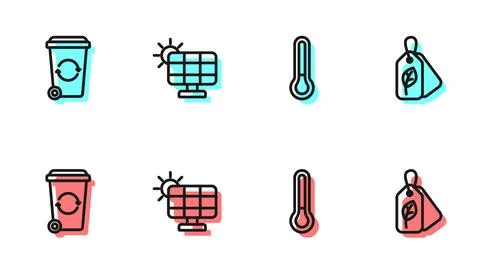 Set line Thermometer, Recycle bin, Solar energy panel and Tag with leaf ico.. Stock Illustration