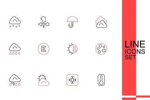 Set line Thermometer, Snowflake, Sun and cloud weather, Cloud lightning, Mo.. Illustration