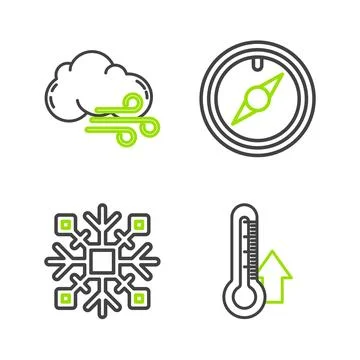 Set line Thermometer, Snowflake, Wind rose and Windy weather icon. Vector Stock Illustration