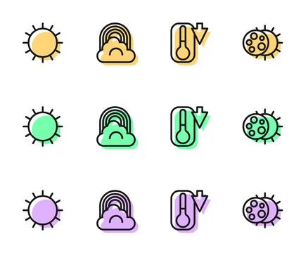 Set line Thermometer, Sun, Rainbow with cloud and Eclipse of the sun icon. Ve Stock Illustration