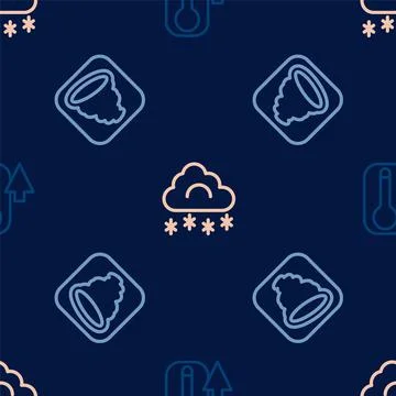 Set line Thermometer, Tornado and Cloud with snow on seamless pattern. Vector Stock Illustration