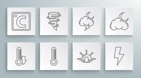 Set line Thermometer, Tornado, Sunset, Lightning bolt, Storm, Cloud with moon Stock Illustration