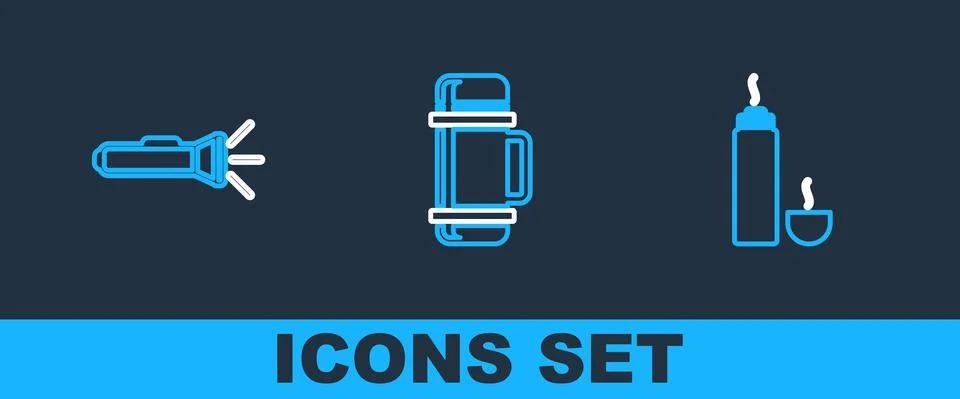 Set line Thermos container, Flashlight and icon. Vector Stock Illustration