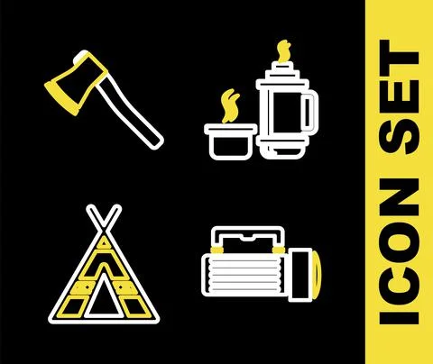Set line Thermos container, Flashlight, Tourist tent and Wooden axe icon. Vector Stock Illustration