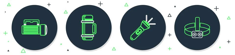 Set line Thermos container, Flashlight, and Head flashlight icon. Vector Stock Illustration