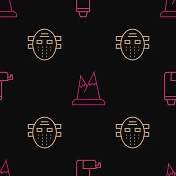 Set line Thermos container, Hockey mask and Mountains on seamless pattern Illustrazione stock