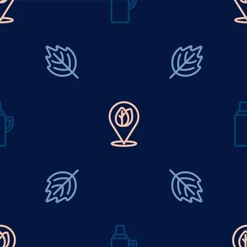 Set line Thermos container, Leaf and Location with leaf on seamless pattern 스톡 일러스트