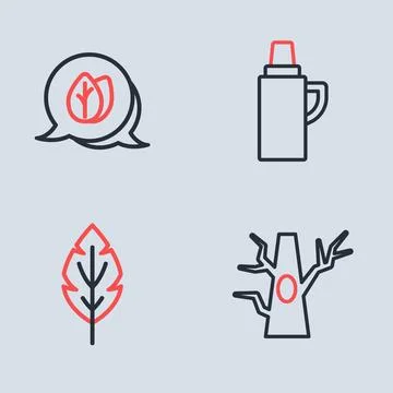Set line Thermos container, Leaf, Bare tree and  icon. Vector Illustrazione stock