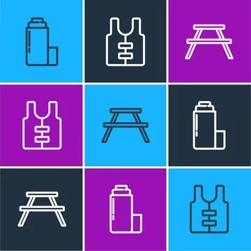 Set line Thermos container, Picnic table with benches and Life jacket icon Illustrazione stock