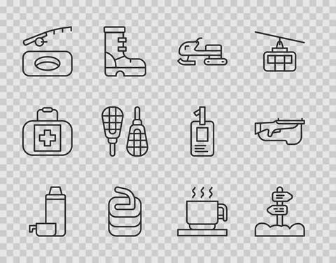 Set line Thermos container, Road traffic signpost, Snowmobile, Stone for curling Illustration