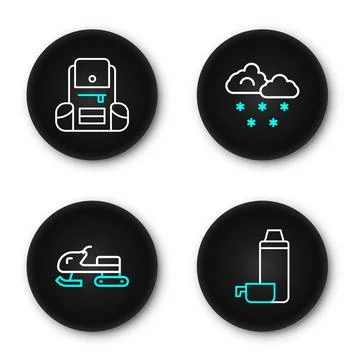 Set line Thermos container, Snowmobile, Cloud with snow and Hiking backpack.. Stock Illustration