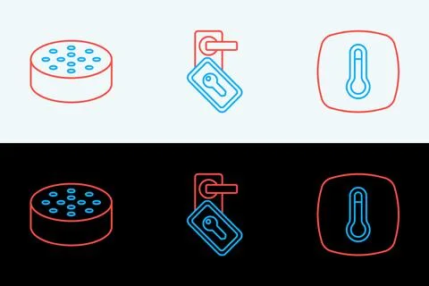 Set line Thermostat, Water sensor and Digital door lock icon. Vector Stock Illustration