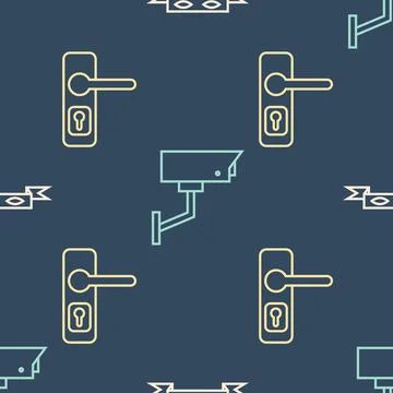 Set line Thief eye mask, Door handle and Security camera on seamless pattern Illustrazione stock