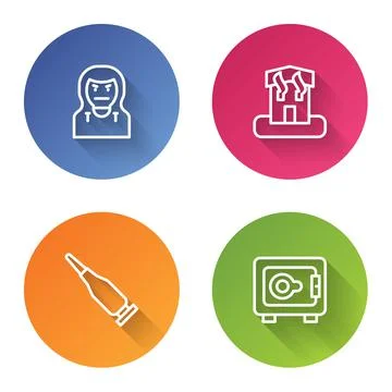 Set line Thief mask, Arson home, Bullet and Safe. Color circle button. Vector Stock Illustration