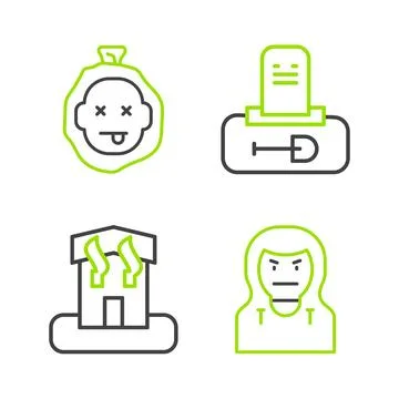 Set line Thief mask, Arson home, Grave with tombstone and Murder icon. Vector Stock Illustration