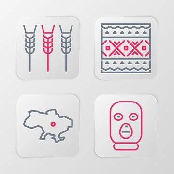 Set line Thief mask, Map of Ukraine, Ukrainian ethnic pattern and Wheat ico.. Stock Illustration