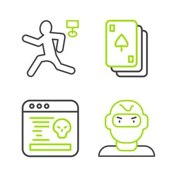 Set line Thief mask, System bug, Playing cards and Murder icon. Vector 스톡 일러스트