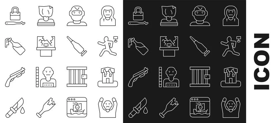 Set line Thief surrendering hands up, Arson home, Murder, mask, Broken window Stock Illustration