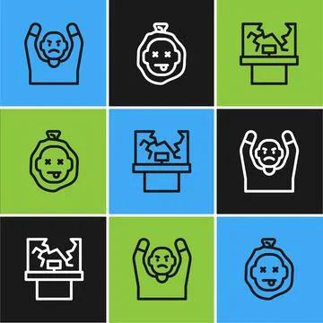 Set line Thief surrendering hands up, Broken window and Murder icon. Vector Stock Illustration