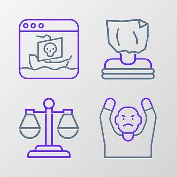 Set line Thief surrendering hands up, Scales of justice, Kidnaping and Internet Stock-Illustration