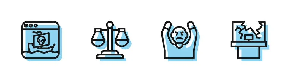 Set line Thief surrendering hands up, Internet piracy, Scales of justice an.. Stock Illustration