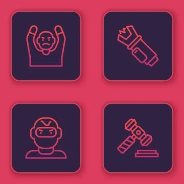 Set line Thief surrendering hands up, mask, Police electric shocker and Jud.. Stock Illustration