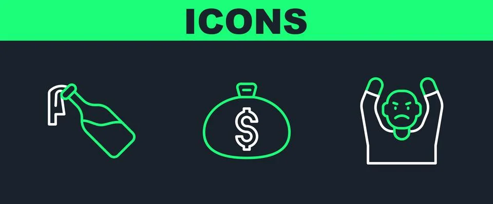 Set line Thief surrendering hands up, Cocktail molotov and Money bag icon. .. Stock Illustration
