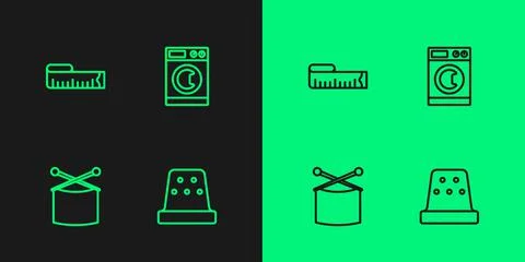 Set line Thimble for sewing, Knitting needles, Tape measure and Washer icon.  스톡 일러스트