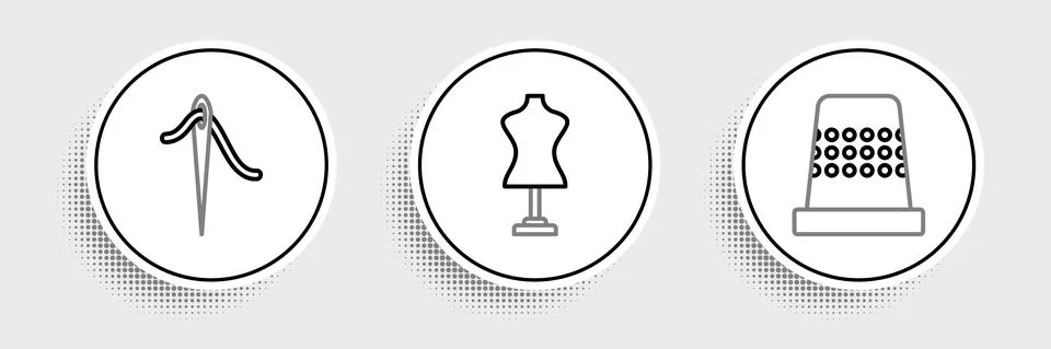 Set line Thimble for sewing, Needle with thread and Mannequin icon. Vector Illustrazione stock